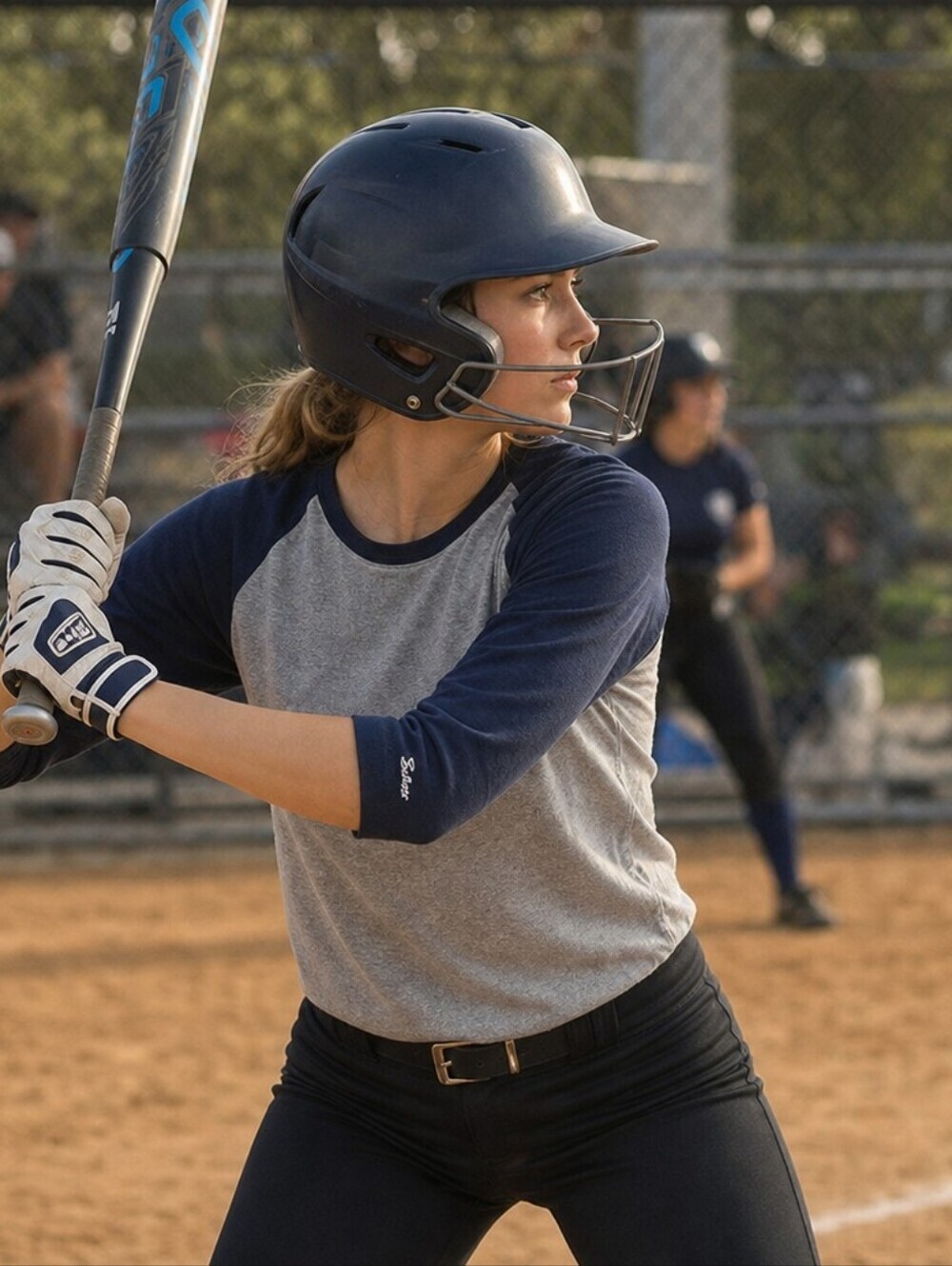 NWT Soffe Intensity Women’s Fastpitch Heathered Baseball Tee - Navy/Oxford Large